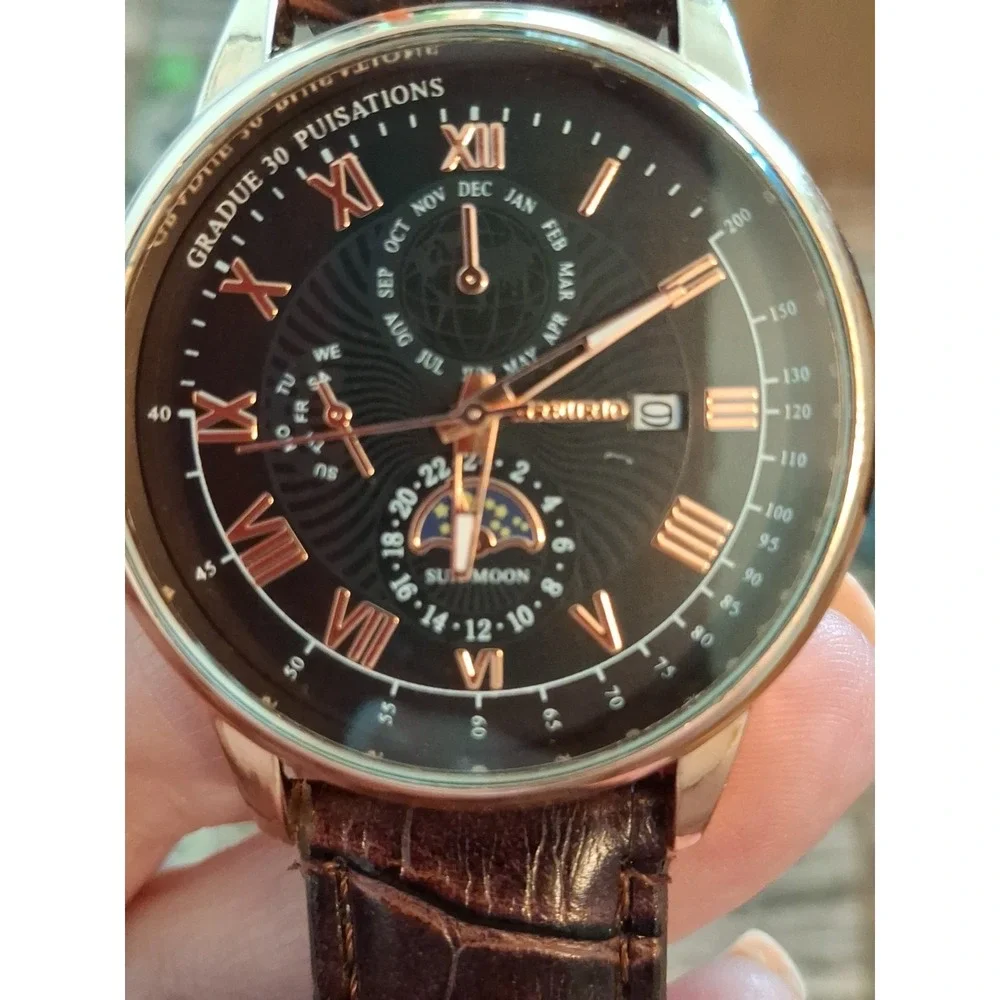 Mreurio 43mm Rose Gold Mens Chrono Watch. Brown  Alligator Embossed Band.